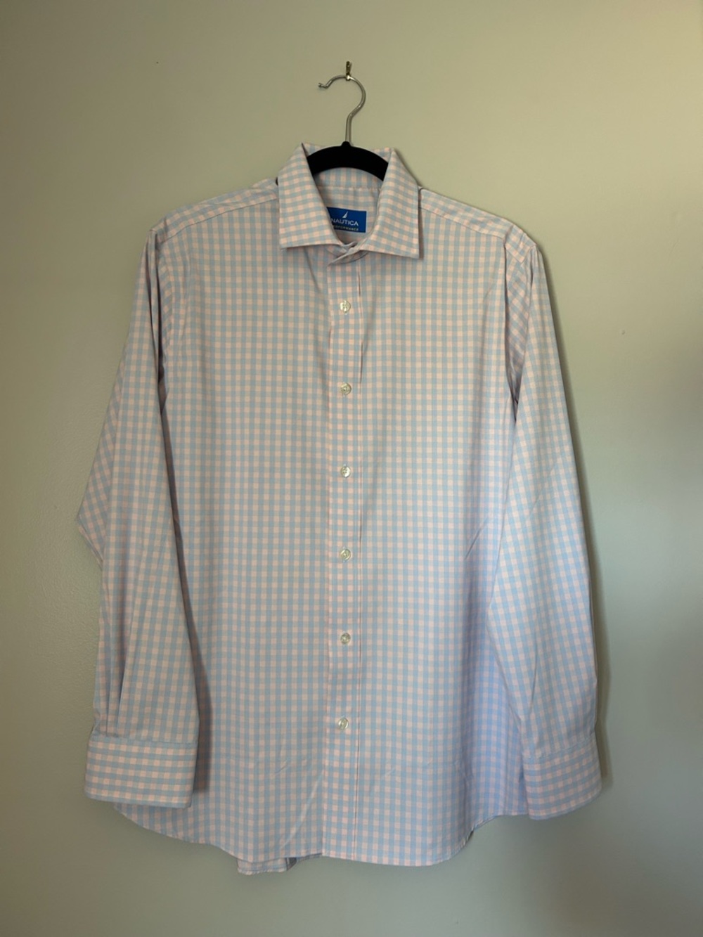 Nautica Men's Coral Blue White Check Button-Down Dress Shirt Medium 15.5 32/33